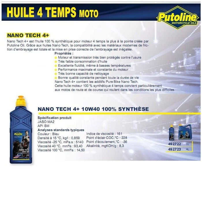 Huile 4 Temps Nano Tech 4+ 10W40 100% synthèse 4L PUTOLINE