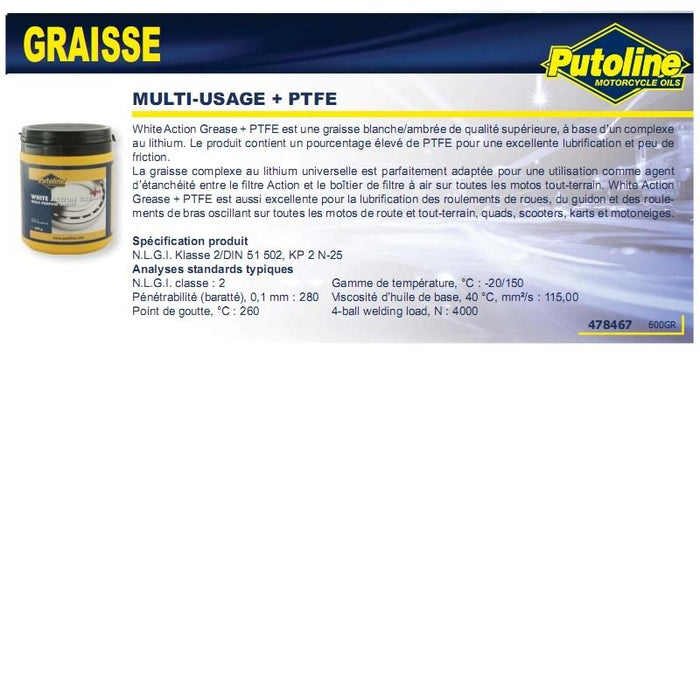 Graisse multiusages + PTFE 600Gr PUTOLINE