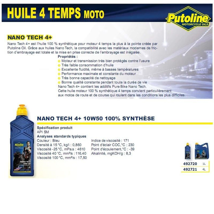 Huile 4 Temps Nano Tech 4+ 10W50 100% synthèse 4L PUTOLINE