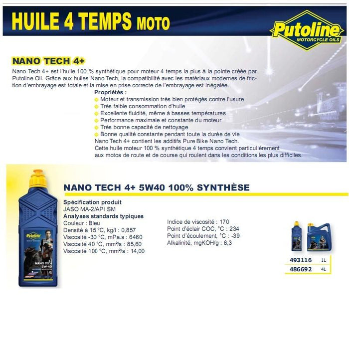 Huile 4 Temps Nano Tech 4+ 5W40 100% synthèse 4L PUTOLINE
